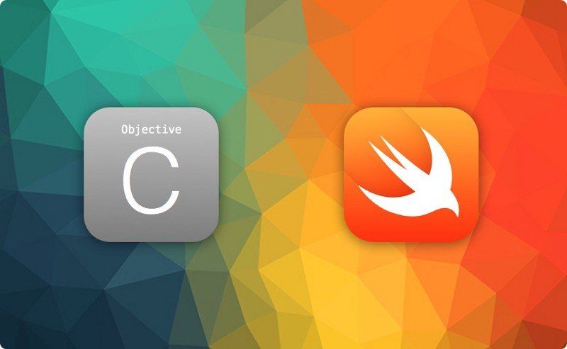 Graphic of Objective C logo next to the Swift logo on a multi-color background